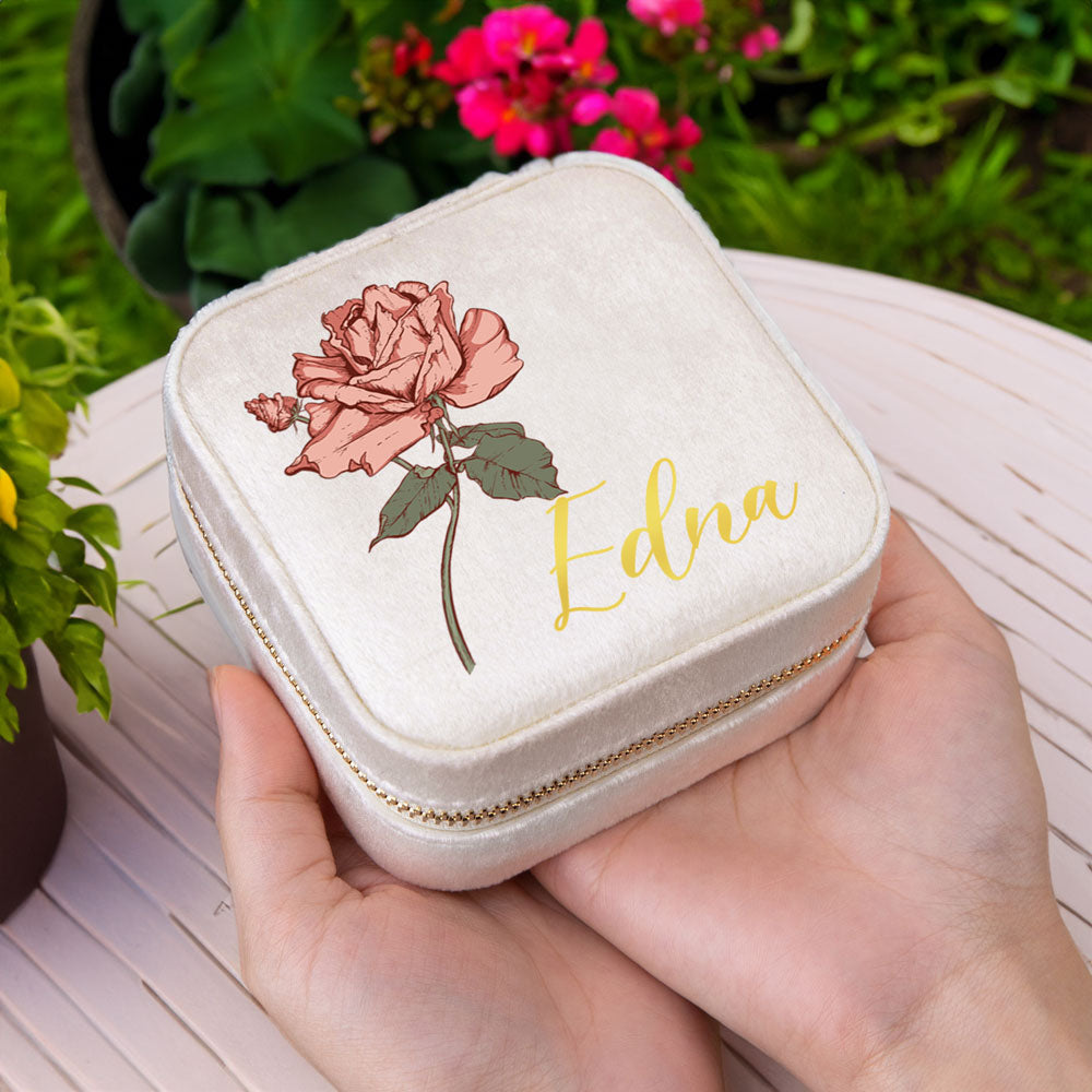 Birth Flower Jewelry Travel Case, Personalized Birthday Gift, Custom Velvet Jewelry Box, Gifts for Wedding/Bridesmaid/Mom/Women