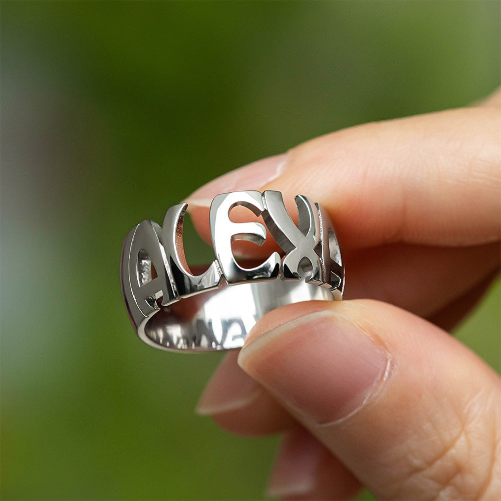 Custom Name Ring Sterling Silver 925, Hand Carved Statement Name Ring in 5mm, 7mm & 10mm Bands, Birthday/Anniversary/Christmas Gift for Men/Women