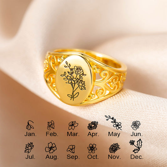 Personalized Birth Flowers Ring, Custom Birthflowers Family Ring, Sterling Silver 925 Bouquet Ring, Engraved Ring for Women, Gift for Mom/Grandma/Her