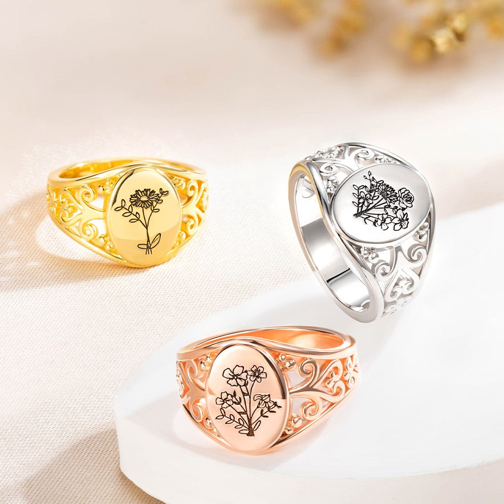 Personalized Birth Flowers Ring, Custom Birthflowers Family Ring, Sterling Silver 925 Bouquet Ring, Engraved Ring for Women, Gift for Mom/Grandma/Her