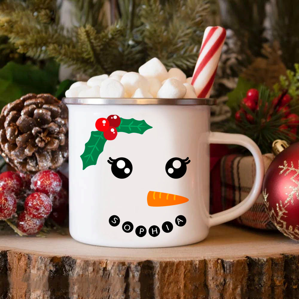 Custom Cute Snowman Expression Enamel Cup, Personalized Name Christmas Cup, Home Decoration, Christmas Gifts for Kids/Friends/Family