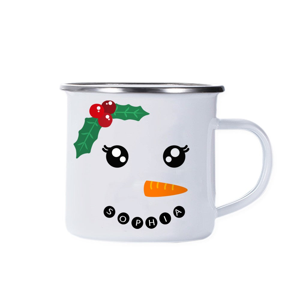 Custom Cute Snowman Expression Enamel Cup, Personalized Name Christmas Cup, Home Decoration, Christmas Gifts for Kids/Friends/Family