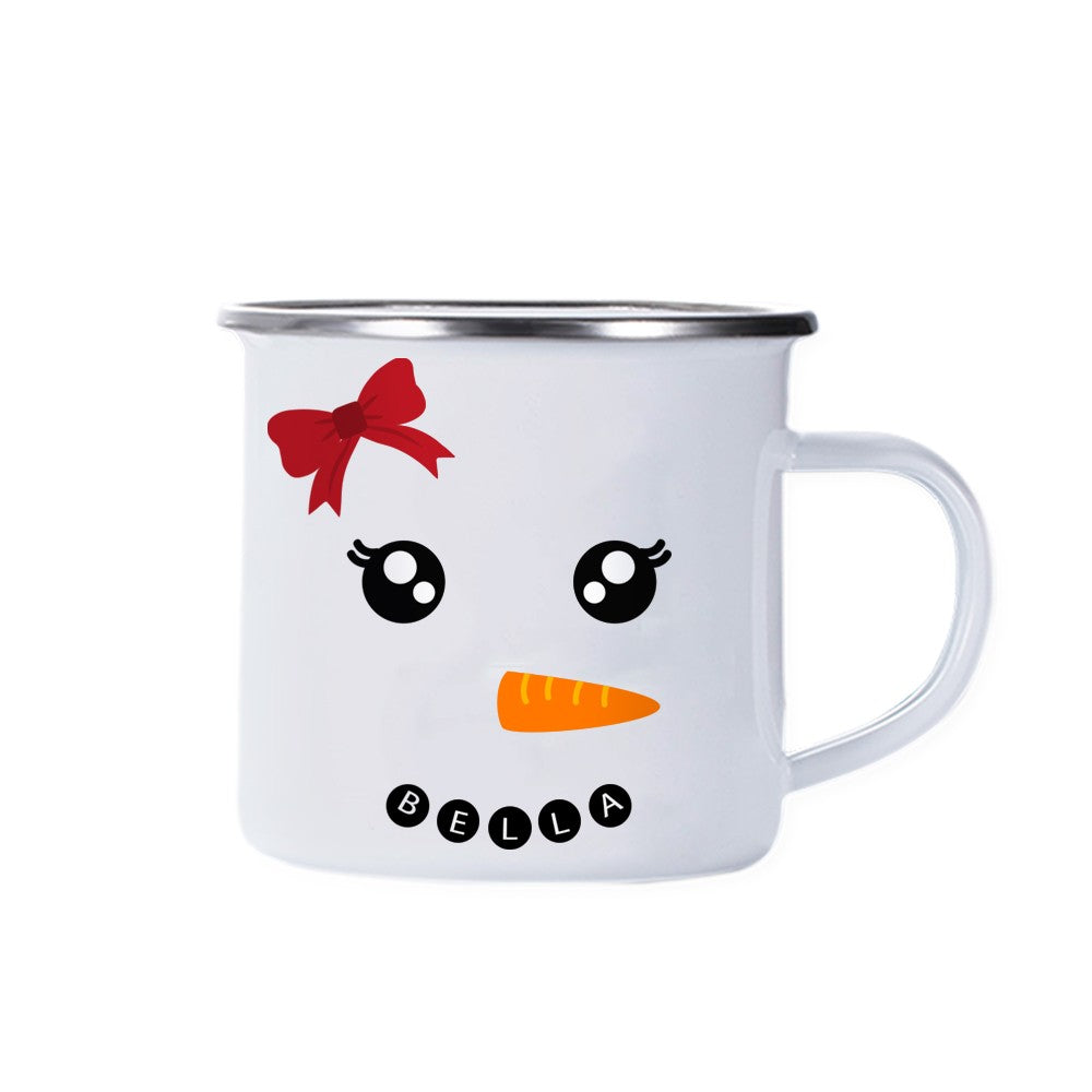Custom Cute Snowman Expression Enamel Cup, Personalized Name Christmas Cup, Home Decoration, Christmas Gifts for Kids/Friends/Family