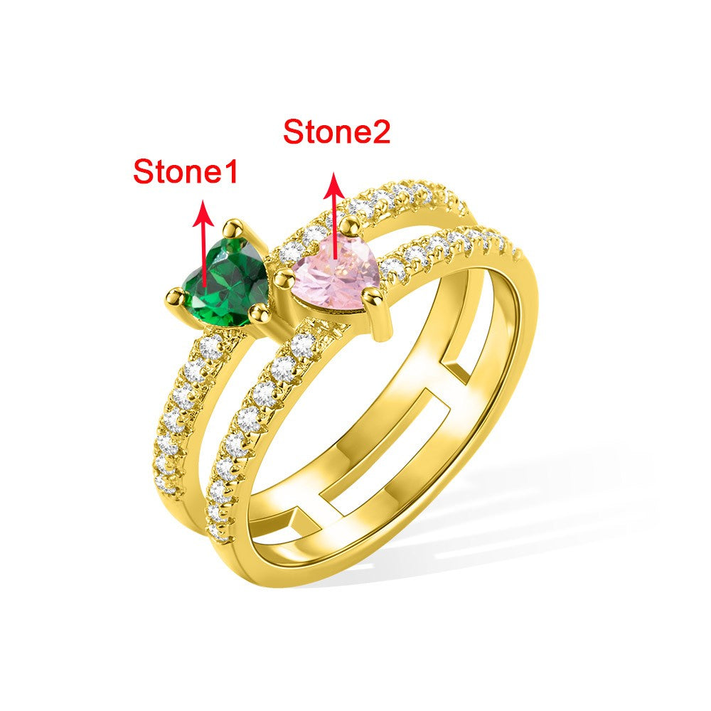Personalized Double Heart Birthstone Ring, Custom Family Ring, Double Band Ring, Sterling Silver/Brass Ring, Birthday/Mother's/Valentine's Day Gift