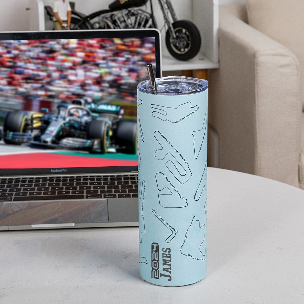 Custom Name Race Track Insulated Tumbler, Racing Car Circuit Art Print 20oz Cup, Birthday/Anniversary Gift for Auto Enthusiasts/Motorsport Lovers