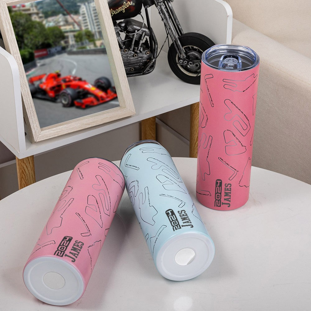 Custom Name Race Track Insulated Tumbler, Racing Car Circuit Art Print 20oz Cup, Birthday/Anniversary Gift for Auto Enthusiasts/Motorsport Lovers