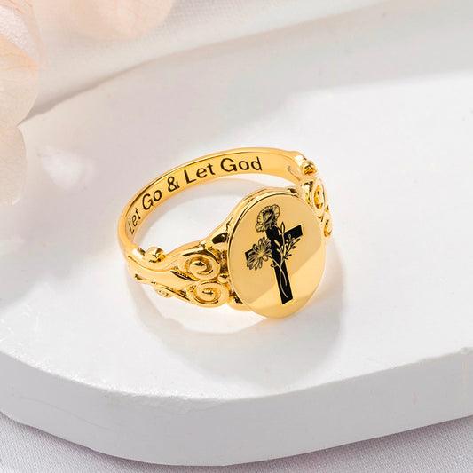 Custom Birth Flower Bouquet Cross Ring, Let Go and Let God Ring, Sterling Silver Engraving Ring for Women, Mother's Day/Birthday Gifts, Gift for Her