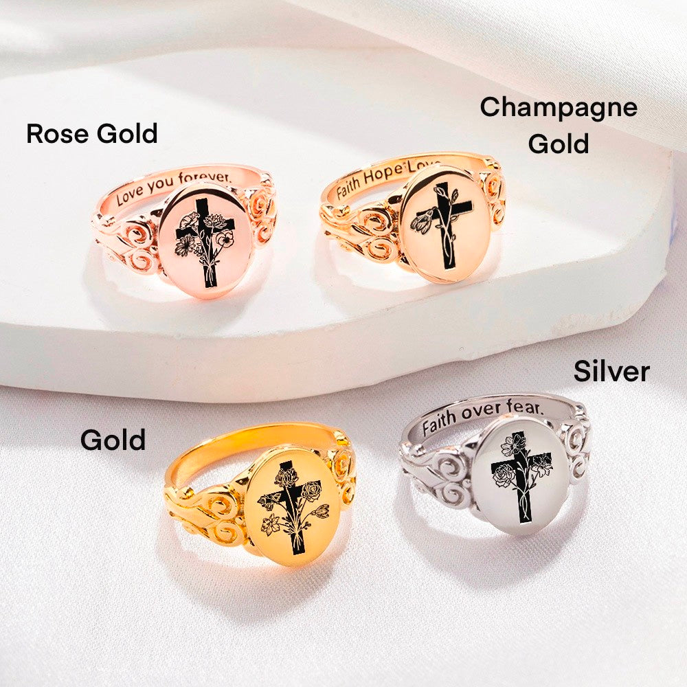 Custom Birth Flower Bouquet Cross Ring, Let Go and Let God Ring, Sterling Silver Engraving Ring for Women, Mother's Day/Birthday Gifts, Gift for Her