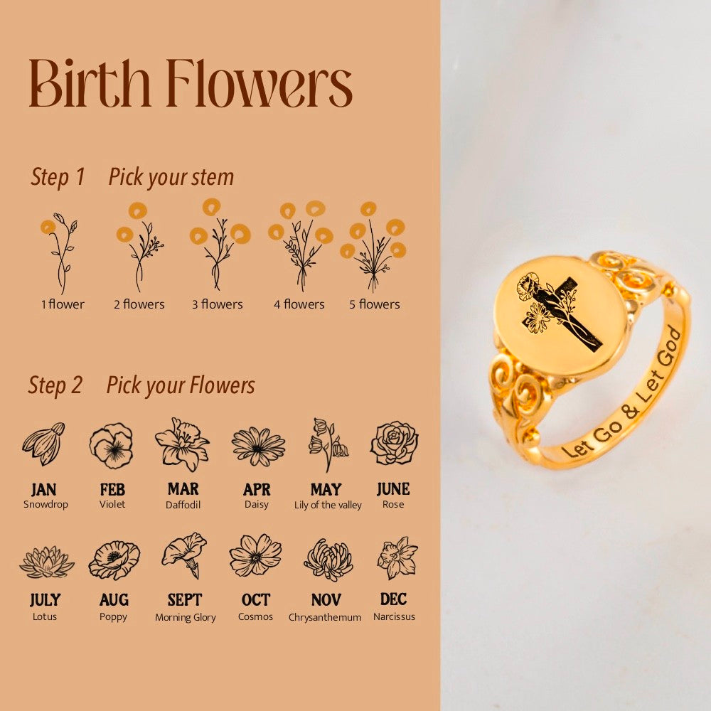 Custom Birth Flower Bouquet Cross Ring, Let Go and Let God Ring, Sterling Silver Engraving Ring for Women, Mother's Day/Birthday Gifts, Gift for Her