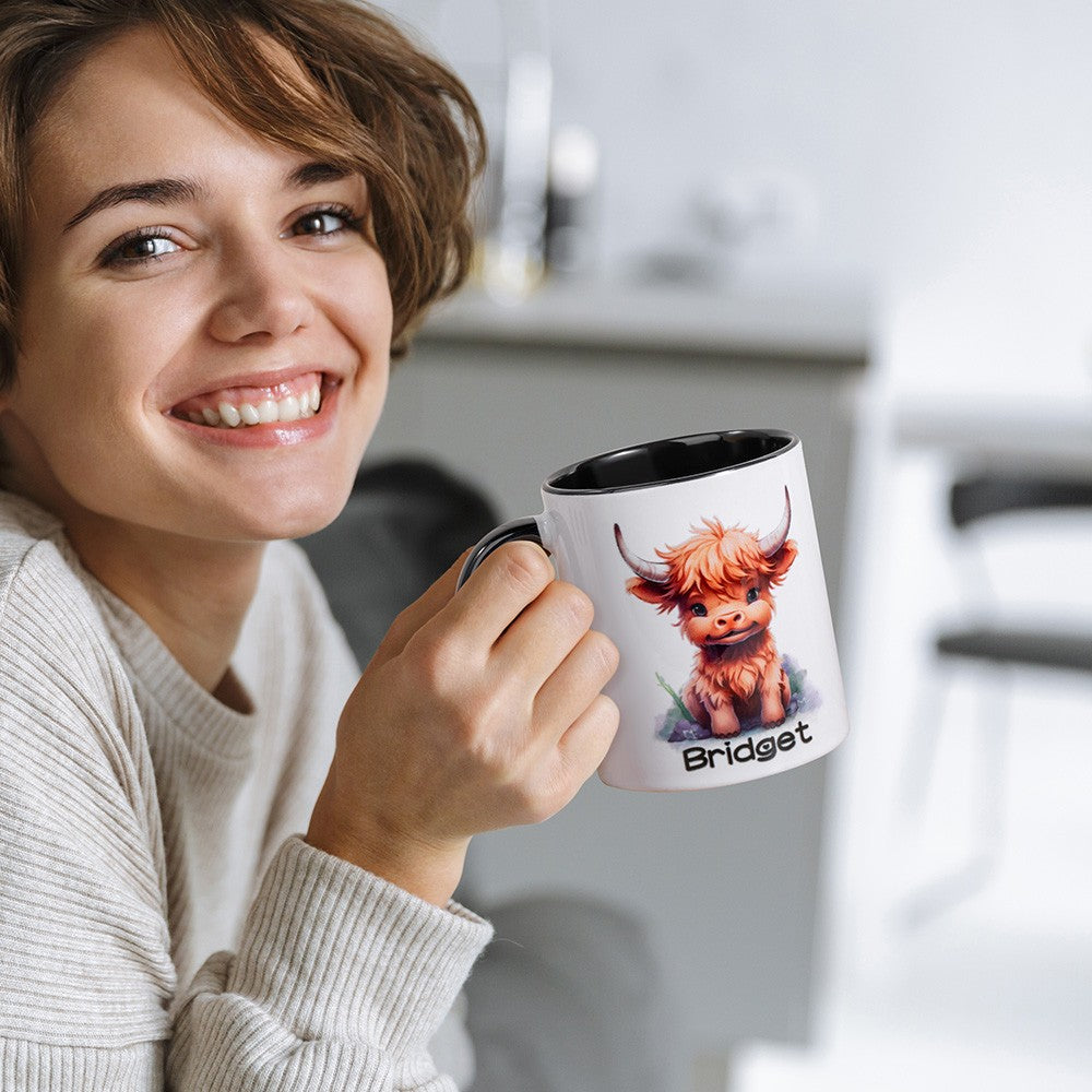 Personalized Name Highland Cattle Mug, Hot Chocolate Mug for Kid, Ceramics Coffee Mug, Birthday/Housewarming Gift, Gift for Cow Lover/Pet Lover/Family