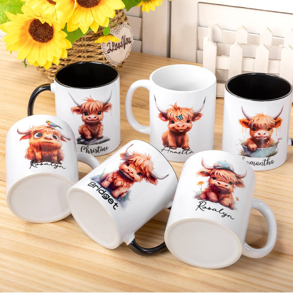 Personalized Name Highland Cattle Mug, Hot Chocolate Mug for Kid, Ceramics Coffee Mug, Birthday/Housewarming Gift, Gift for Cow Lover/Pet Lover/Family