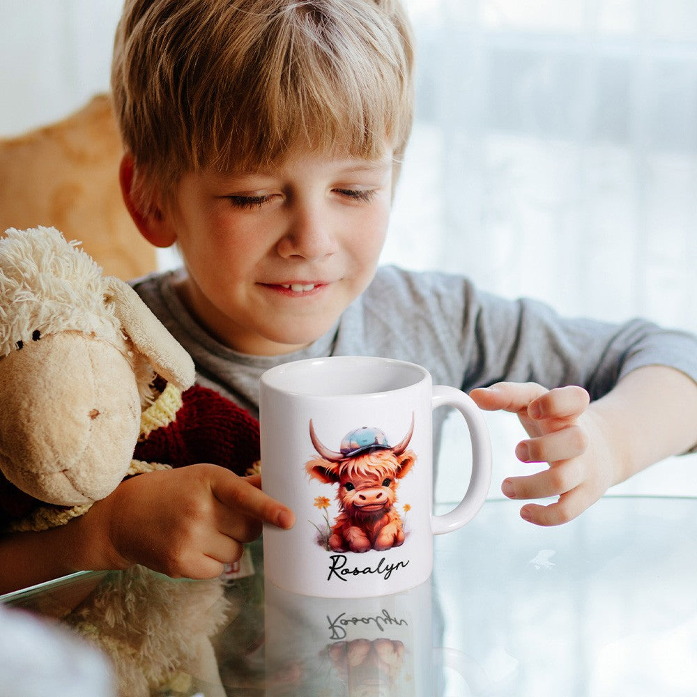 Personalized Name Highland Cattle Mug, Hot Chocolate Mug for Kid, Ceramics Coffee Mug, Birthday/Housewarming Gift, Gift for Cow Lover/Pet Lover/Family