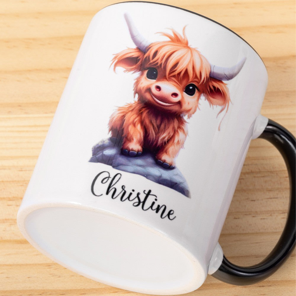 Personalized Name Highland Cattle Mug, Hot Chocolate Mug for Kid, Ceramics Coffee Mug, Birthday/Housewarming Gift, Gift for Cow Lover/Pet Lover/Family