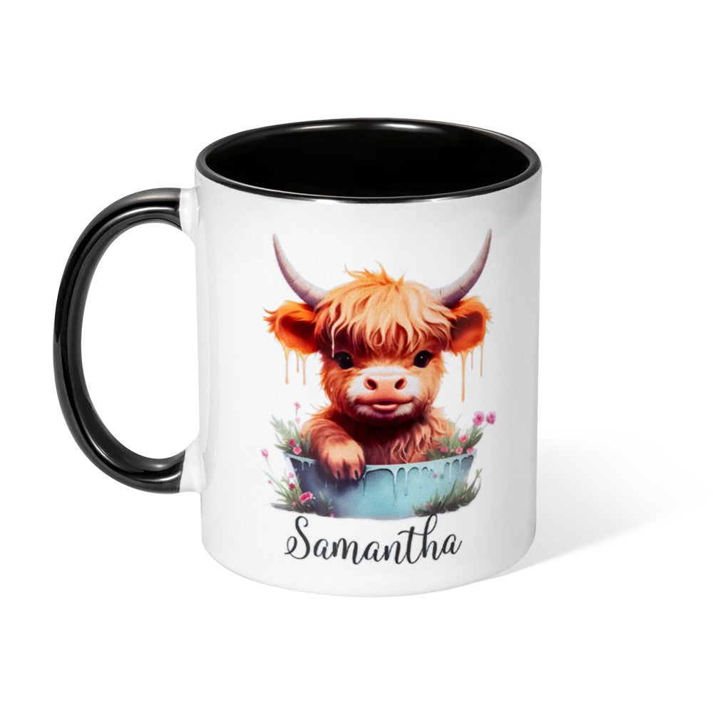 Personalized Name Highland Cattle Mug, Hot Chocolate Mug for Kid, Ceramics Coffee Mug, Birthday/Housewarming Gift, Gift for Cow Lover/Pet Lover/Family