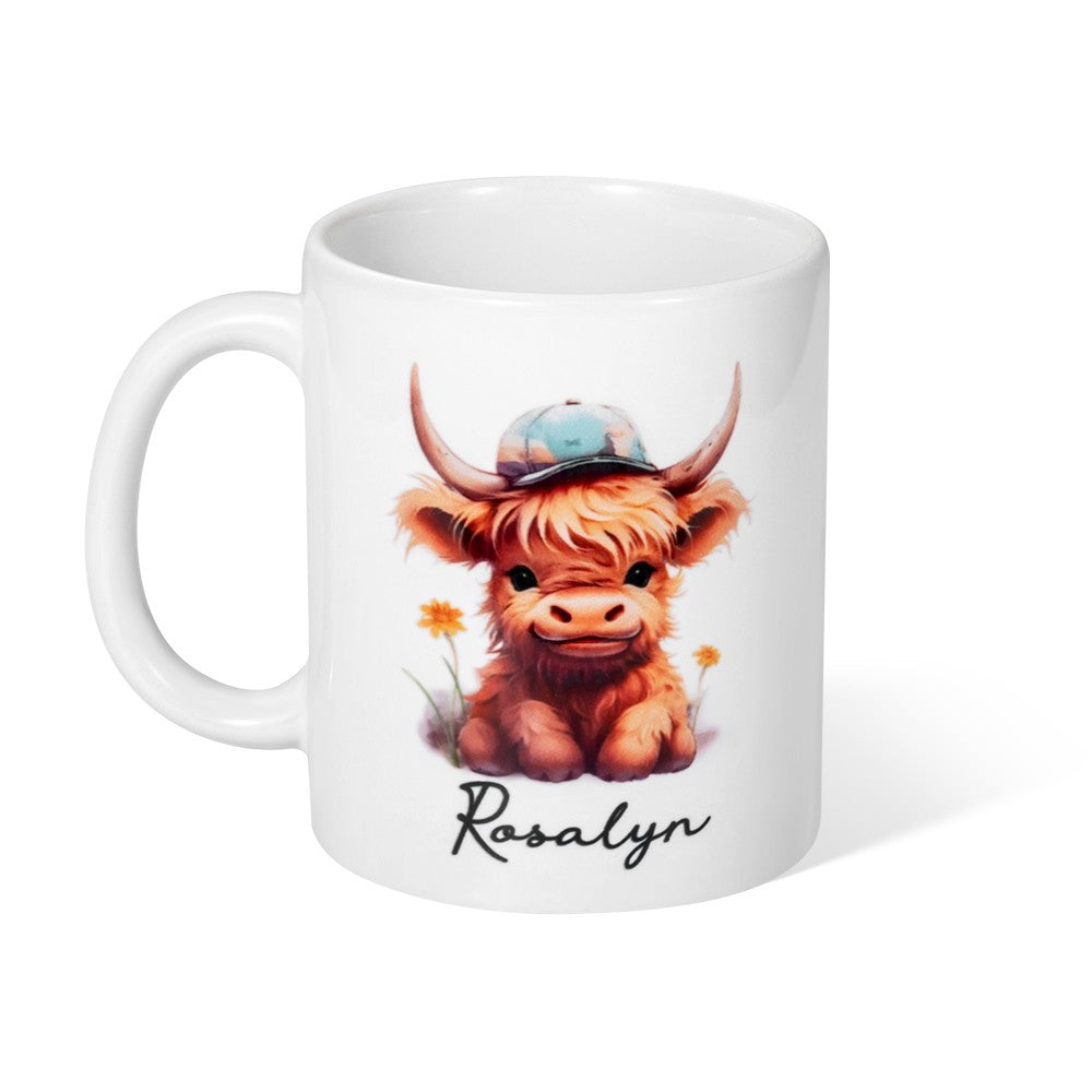 Personalized Name Highland Cattle Mug, Hot Chocolate Mug for Kid, Ceramics Coffee Mug, Birthday/Housewarming Gift, Gift for Cow Lover/Pet Lover/Family