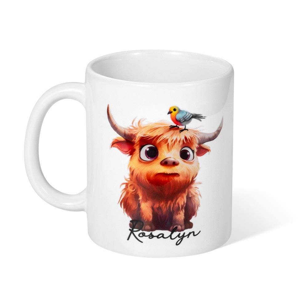 Personalized Name Highland Cattle Mug, Hot Chocolate Mug for Kid, Ceramics Coffee Mug, Birthday/Housewarming Gift, Gift for Cow Lover/Pet Lover/Family
