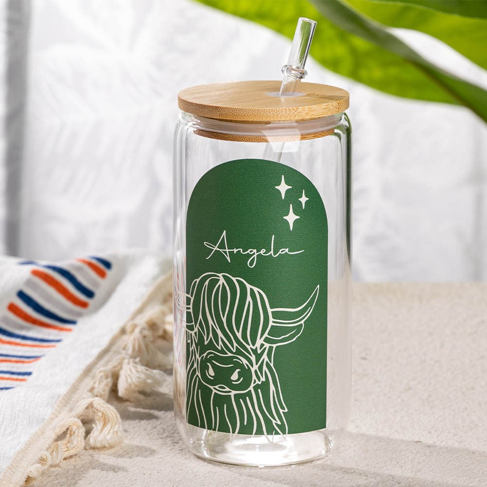 Personalized Name Highland Cow Boho Glass, 16oz Tumbler with Bamboo Lid and Straw, Iced Coffee Cup, Beer Can Glass, Gift for Cow Lover