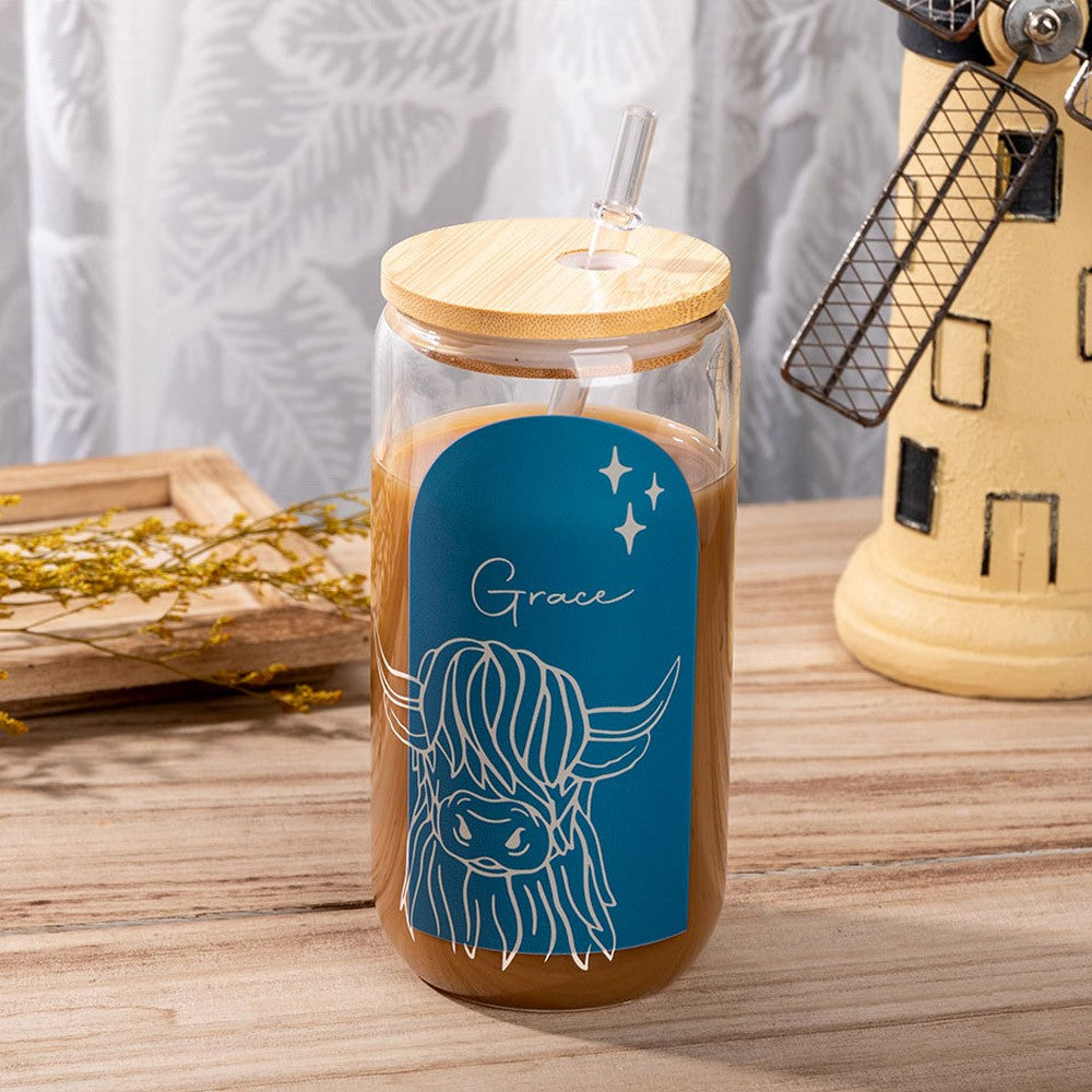 Personalized Name Highland Cow Boho Glass, 16oz Tumbler with Bamboo Lid and Straw, Iced Coffee Cup, Beer Can Glass, Gift for Cow Lover