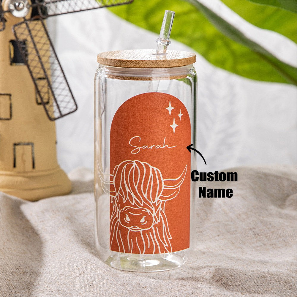 Personalized Name Highland Cow Boho Glass, 16oz Tumbler with Bamboo Lid and Straw, Iced Coffee Cup, Beer Can Glass, Gift for Cow Lover
