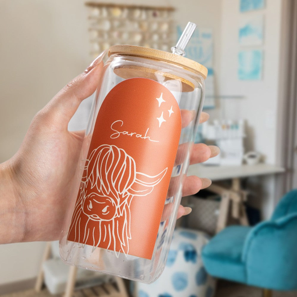 Personalized Name Highland Cow Boho Glass, 16oz Tumbler with Bamboo Lid and Straw, Iced Coffee Cup, Beer Can Glass, Gift for Cow Lover