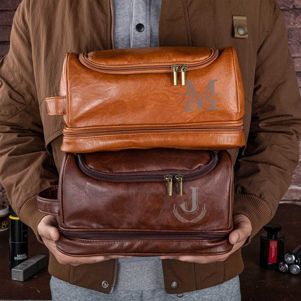 Custom Leather Waterproof Portable Toiletry Bag with Monogram, Dopp Bag for Men, Anniversary/Father's Day/Birthday Gifts for Boyfriend/Groomsmen/Him