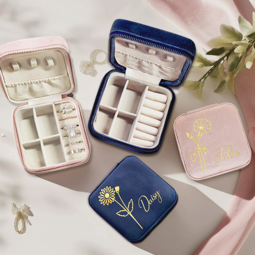 Birth Flower Jewelry Travel Case, Personalized Birthday Gift, Custom Velvet Jewelry Box, Gifts for Wedding/Bridesmaid/Mom/Women