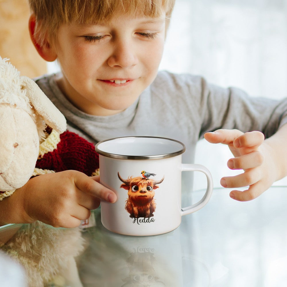 Personalized Name Highland Cow Mug, Hot Cocoa Mug for Kid, Enamel Coffee Mug, Birthday/Housewarming Gift, Gift for Cow Lover/Family/Friend