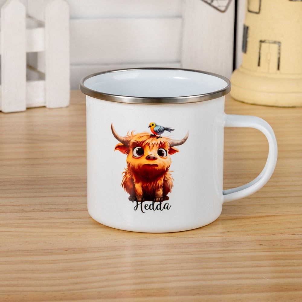 Personalized Name Highland Cow Mug, Hot Cocoa Mug for Kid, Enamel Coffee Mug, Birthday/Housewarming Gift, Gift for Cow Lover/Family/Friend