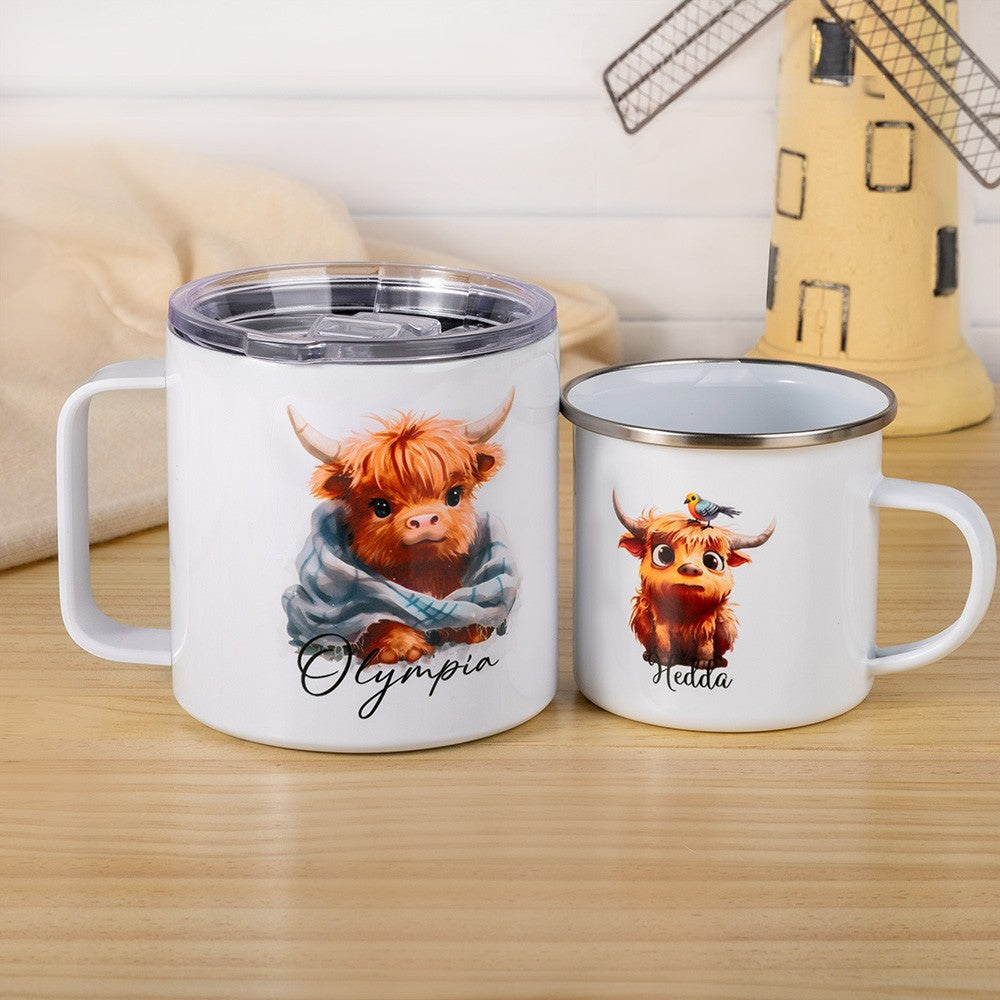 Personalized Name Highland Cow Mug, Hot Cocoa Mug for Kid, Enamel Coffee Mug, Birthday/Housewarming Gift, Gift for Cow Lover/Family/Friend