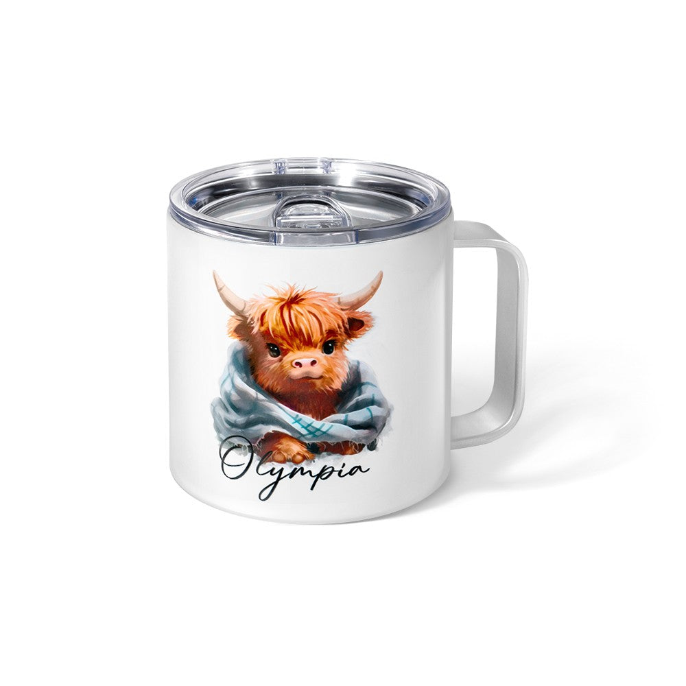 Personalized Name Highland Cow Mug, Hot Cocoa Mug for Kid, Enamel Coffee Mug, Birthday/Housewarming Gift, Gift for Cow Lover/Family/Friend