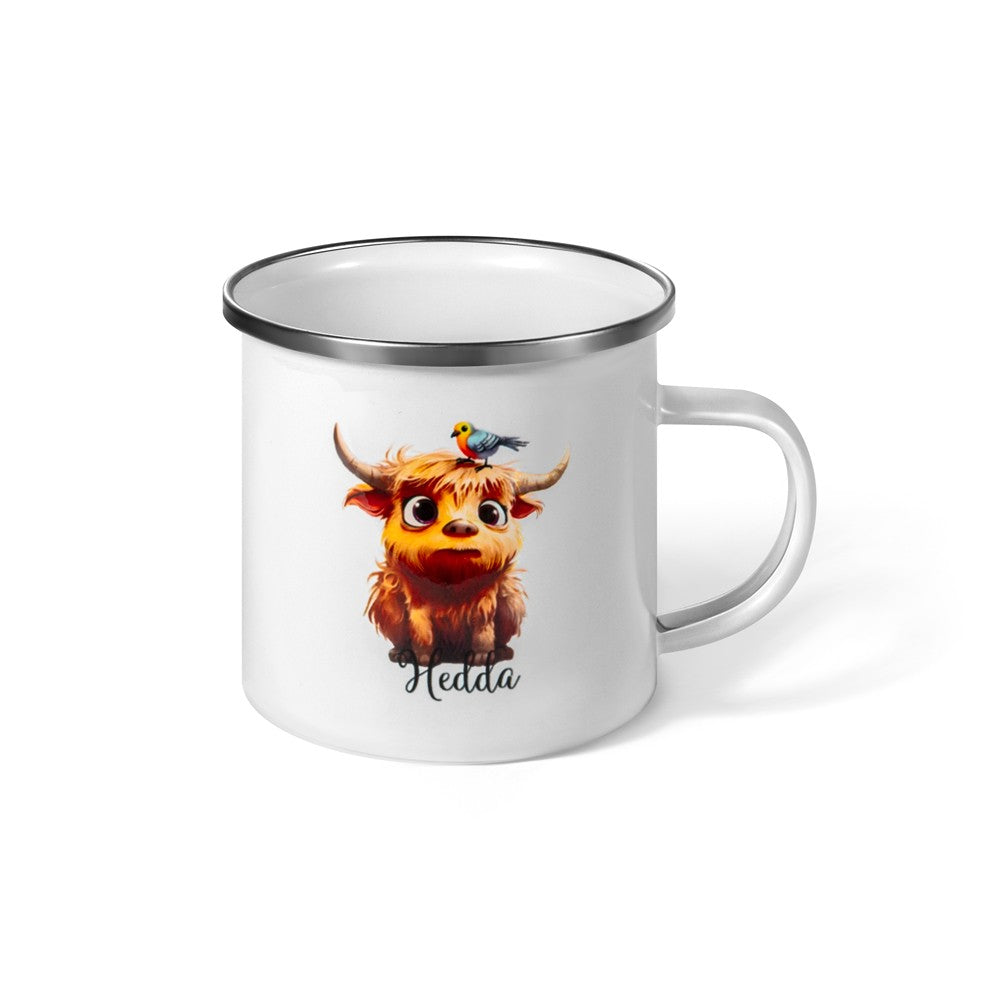 Personalized Name Highland Cow Mug, Hot Cocoa Mug for Kid, Enamel Coffee Mug, Birthday/Housewarming Gift, Gift for Cow Lover/Family/Friend
