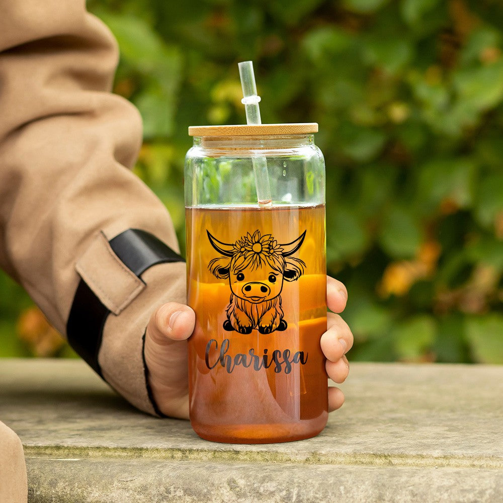 Personalized Name Highland Cow Glass Cup, Tumbler with Straw & Bamboo Lid, Iced Coffee/Tea Cup, Housewarming Gift, Gift for Cow Lover/Pet Lover/Family