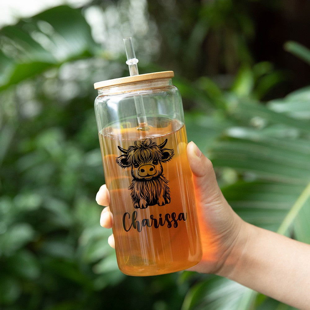 Personalized Name Highland Cow Glass Cup, Tumbler with Straw & Bamboo Lid, Iced Coffee/Tea Cup, Housewarming Gift, Gift for Cow Lover/Pet Lover/Family