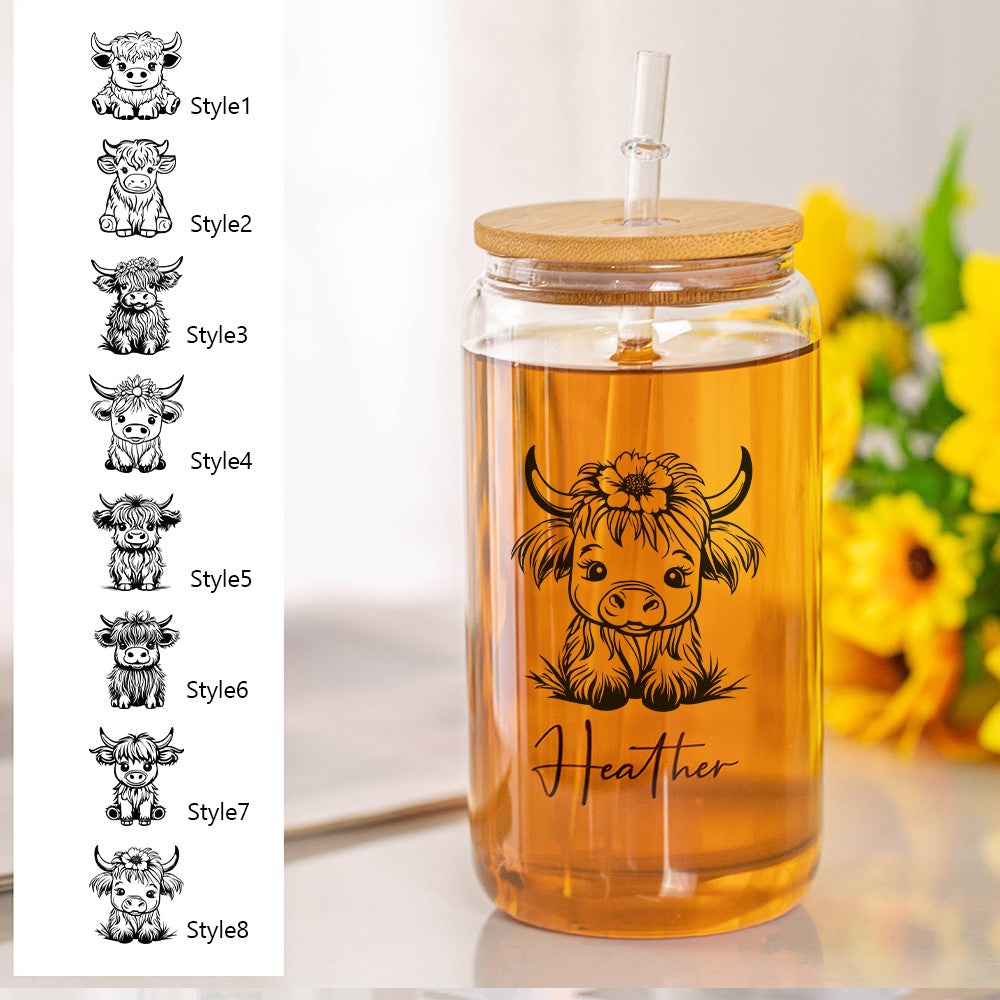 Personalized Name Highland Cow Glass Cup, Tumbler with Straw & Bamboo Lid, Iced Coffee/Tea Cup, Housewarming Gift, Gift for Cow Lover/Pet Lover/Family