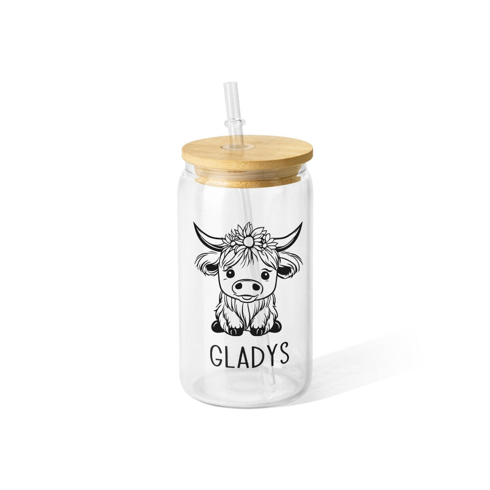 Personalized Name Highland Cow Glass Cup, Tumbler with Straw & Bamboo Lid, Iced Coffee/Tea Cup, Housewarming Gift, Gift for Cow Lover/Pet Lover/Family