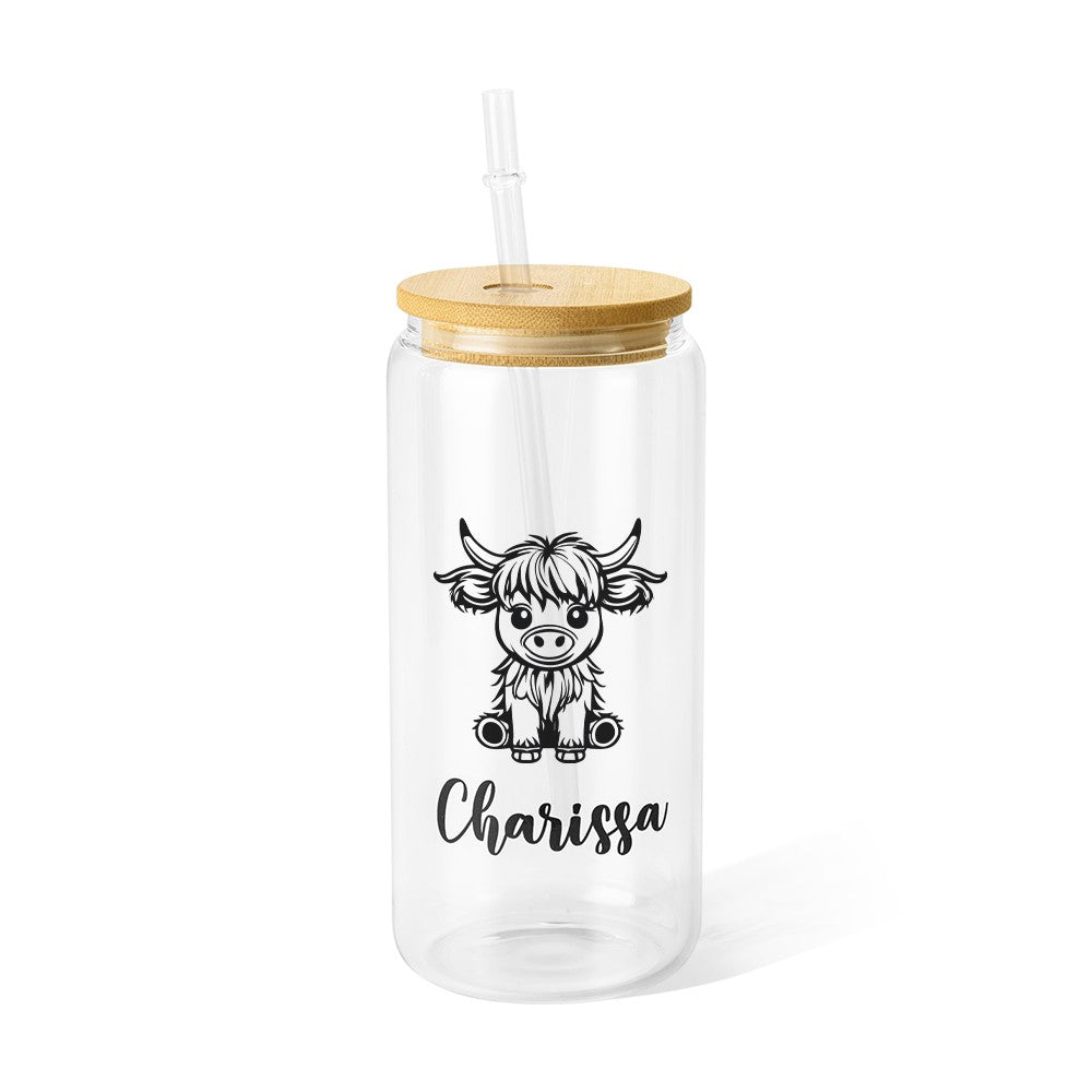 Personalized Name Highland Cow Glass Cup, Tumbler with Straw & Bamboo Lid, Iced Coffee/Tea Cup, Housewarming Gift, Gift for Cow Lover/Pet Lover/Family