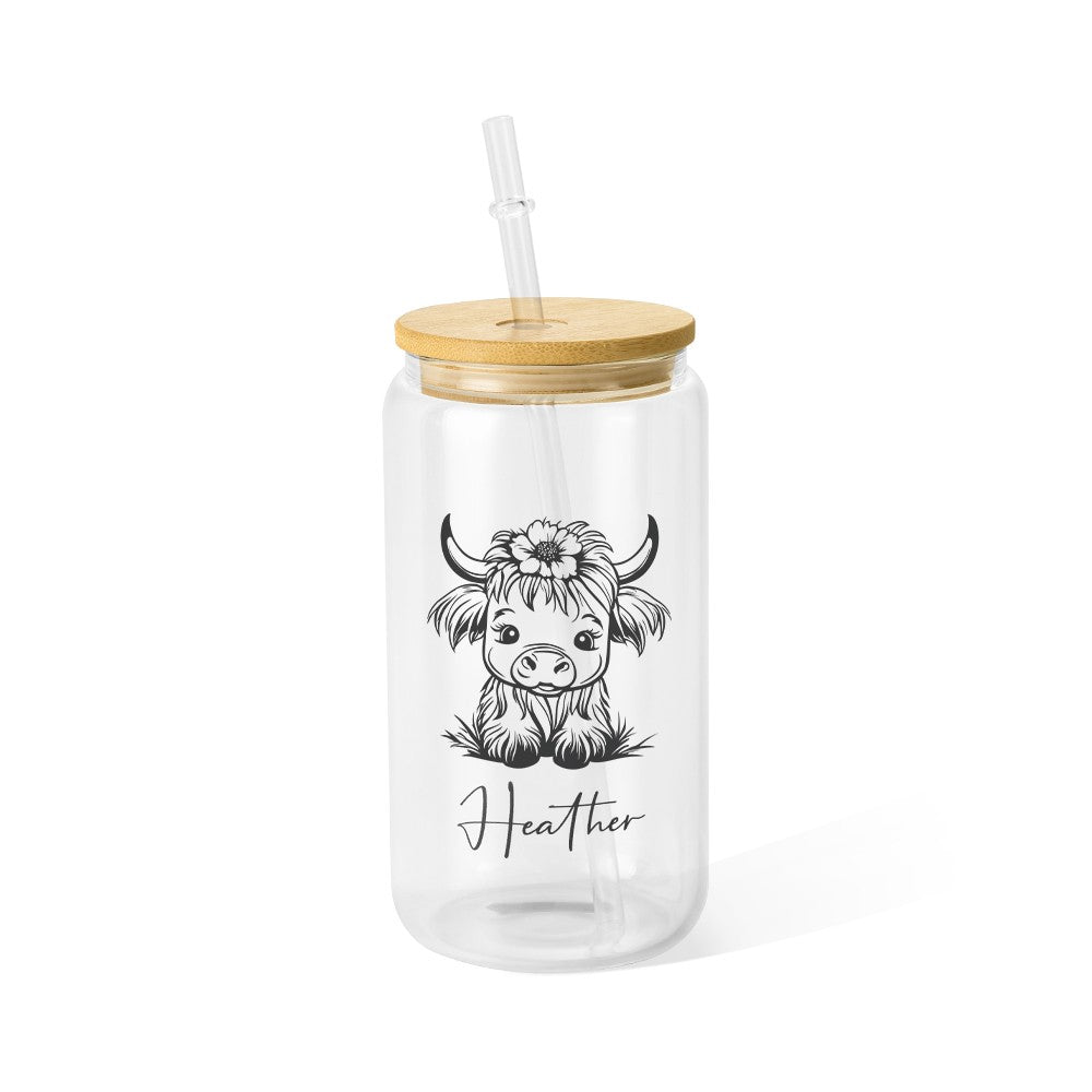 Personalized Name Highland Cow Glass Cup, Tumbler with Straw & Bamboo Lid, Iced Coffee/Tea Cup, Housewarming Gift, Gift for Cow Lover/Pet Lover/Family