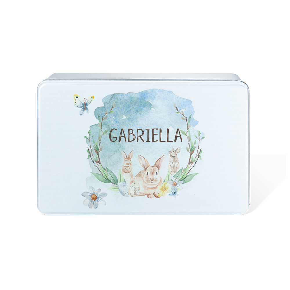Custom Easter Bunny Watercolor Biscuit Tin, Personalized Name Cookie Tin with Lid, Easter Treat Box, Easter Basket Gifts, Gifts for Toddler/Kid/Family