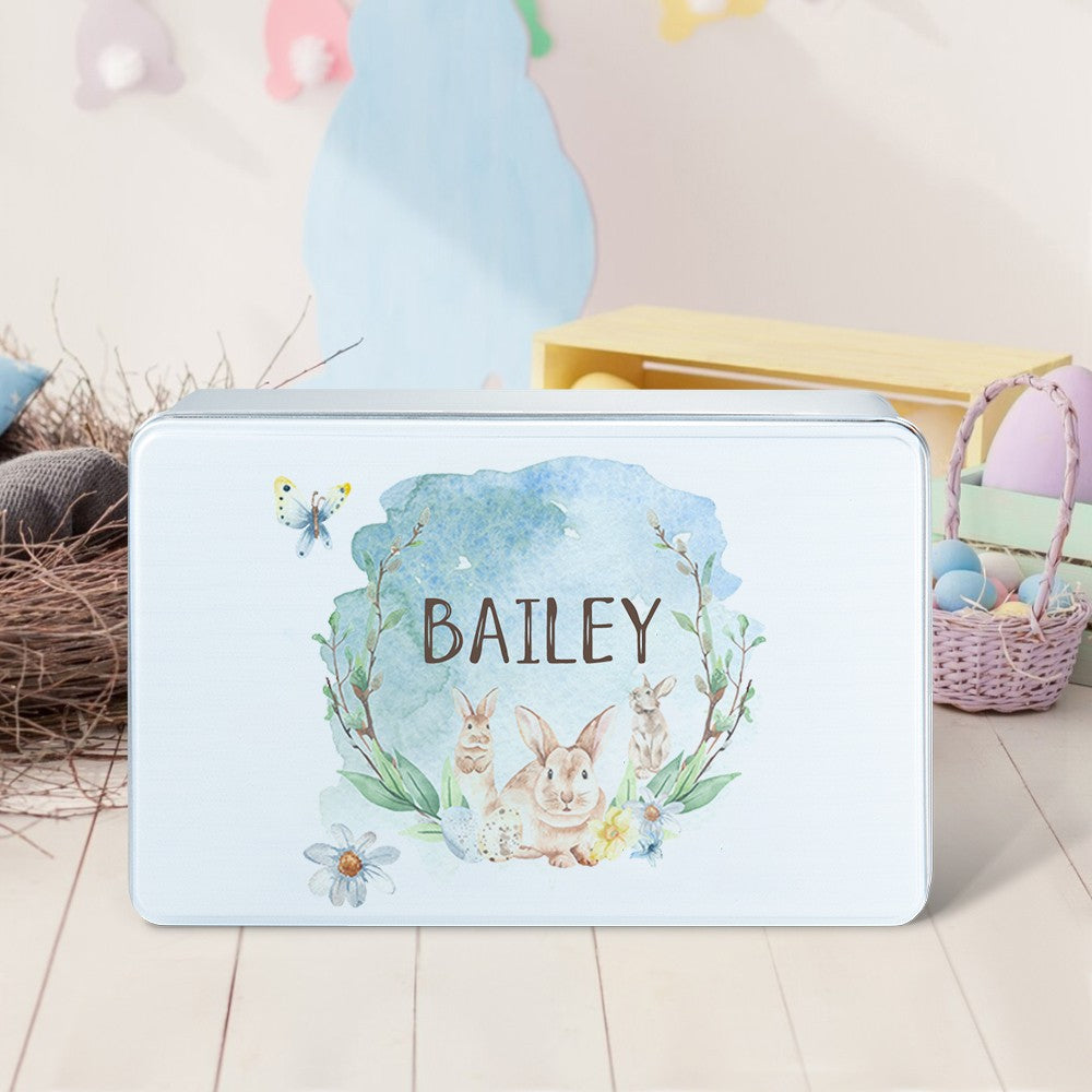 Custom Easter Bunny Watercolor Biscuit Tin, Personalized Name Cookie Tin with Lid, Easter Treat Box, Easter Basket Gifts, Gifts for Toddler/Kid/Family