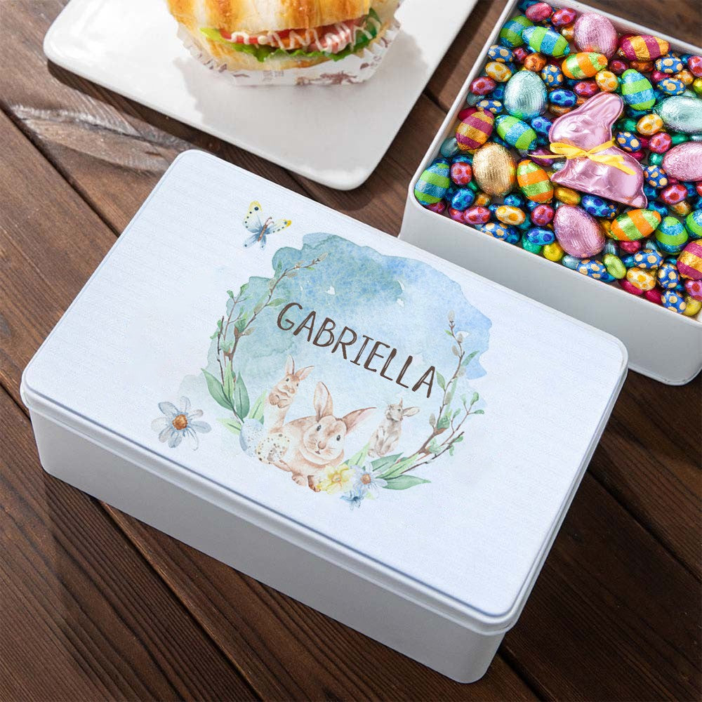 Custom Easter Bunny Watercolor Biscuit Tin, Personalized Name Cookie Tin with Lid, Easter Treat Box, Easter Basket Gifts, Gifts for Toddler/Kid/Family