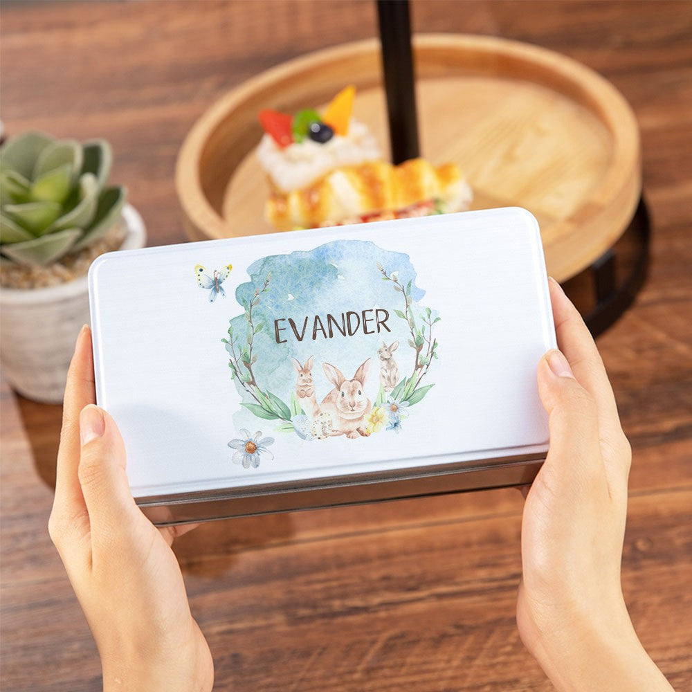 Custom Easter Bunny Watercolor Biscuit Tin, Personalized Name Cookie Tin with Lid, Easter Treat Box, Easter Basket Gifts, Gifts for Toddler/Kid/Family