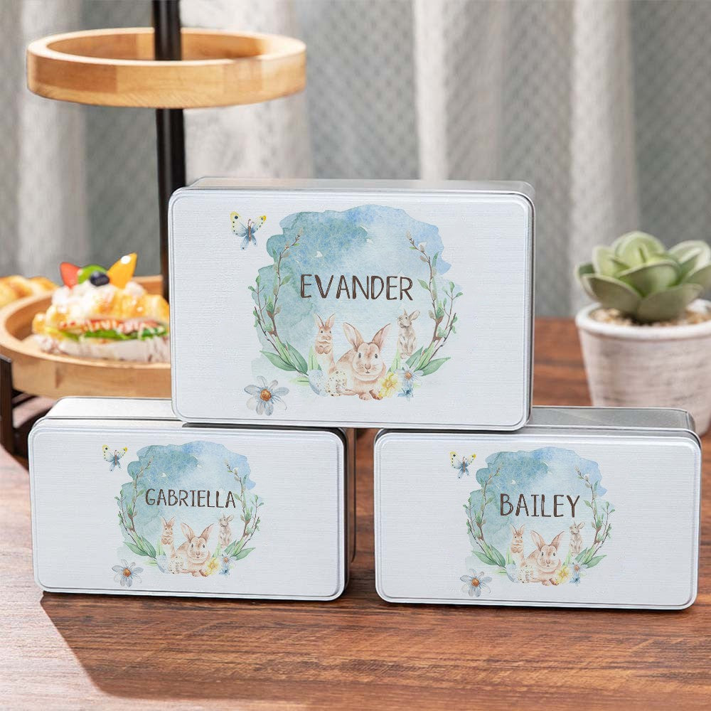 Custom Easter Bunny Watercolor Biscuit Tin, Personalized Name Cookie Tin with Lid, Easter Treat Box, Easter Basket Gifts, Gifts for Toddler/Kid/Family