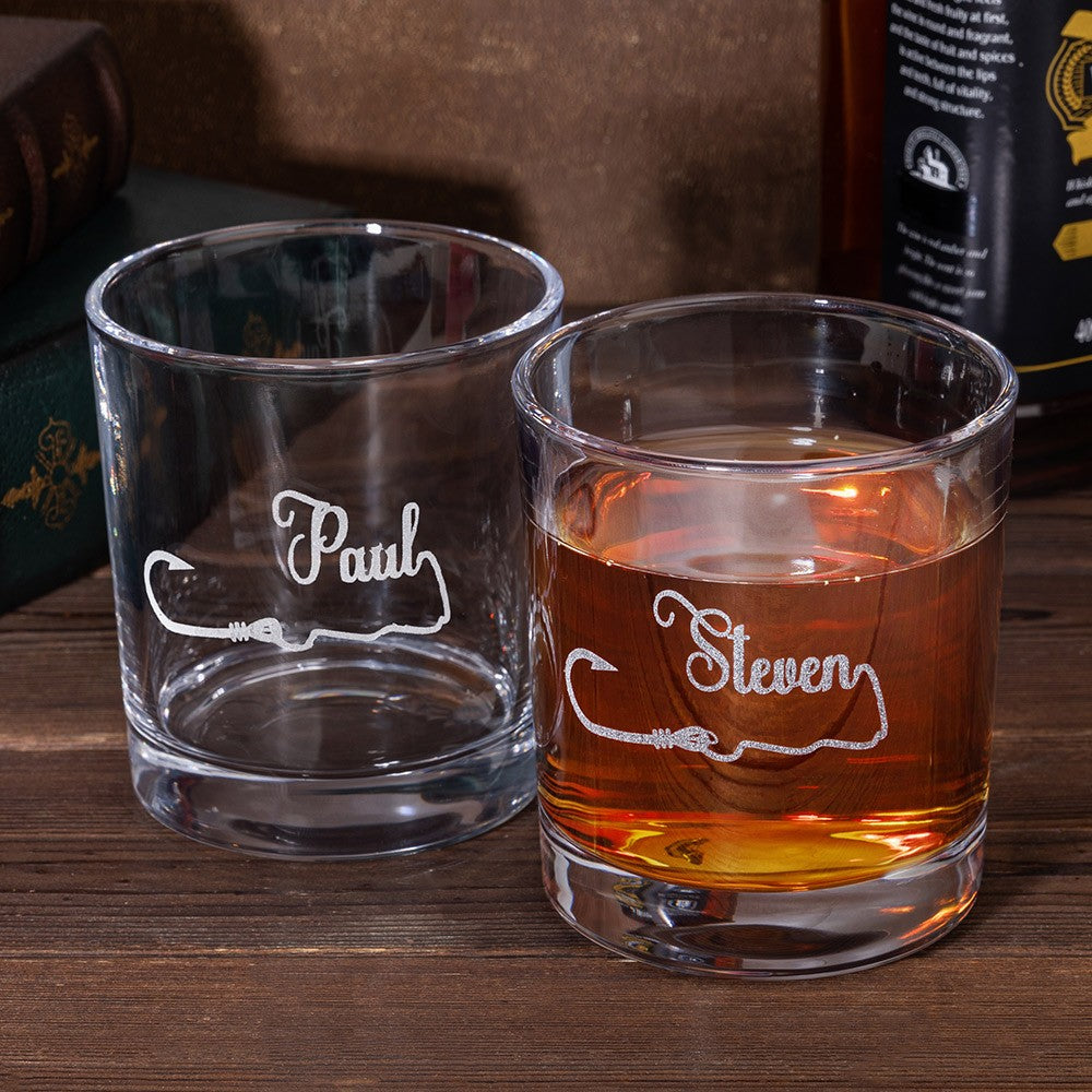 Personalized Name Fishing Hook Glass, Etched Rock Glasse, Bourbon Whiskey Fisherman Glass, Old Fashioned Glass, Father's Day/Birthday Gift for Men