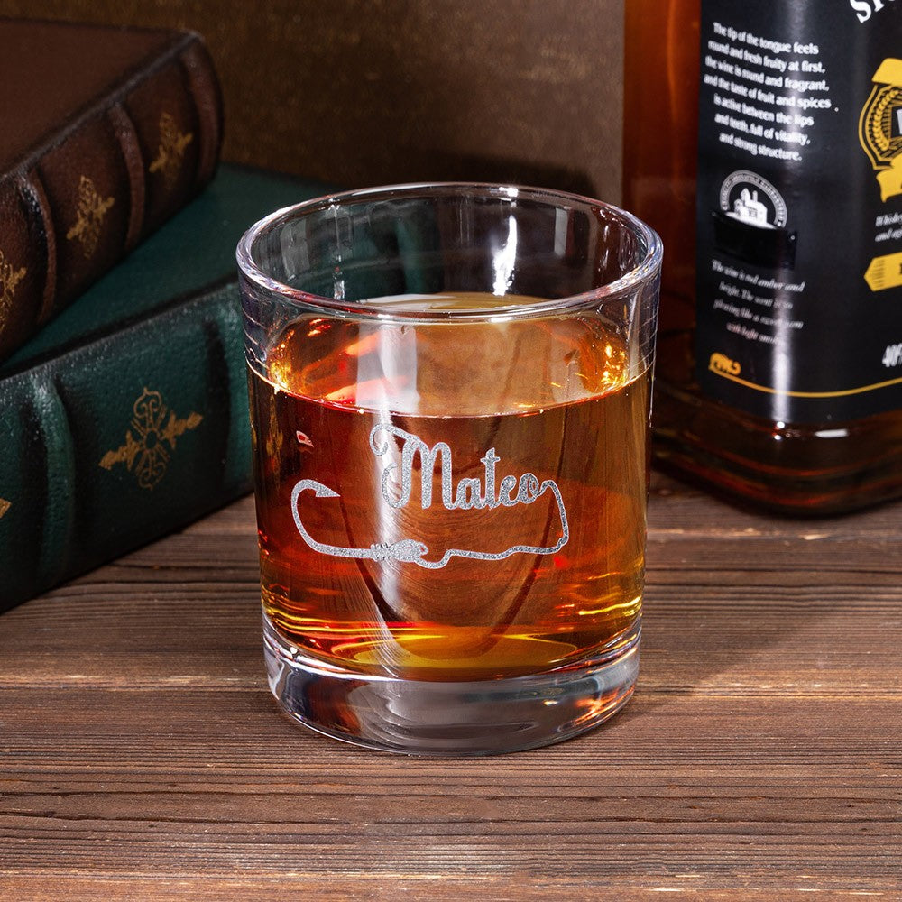 Personalized Name Fishing Hook Glass, Etched Rock Glasse, Bourbon Whiskey Fisherman Glass, Old Fashioned Glass, Father's Day/Birthday Gift for Men