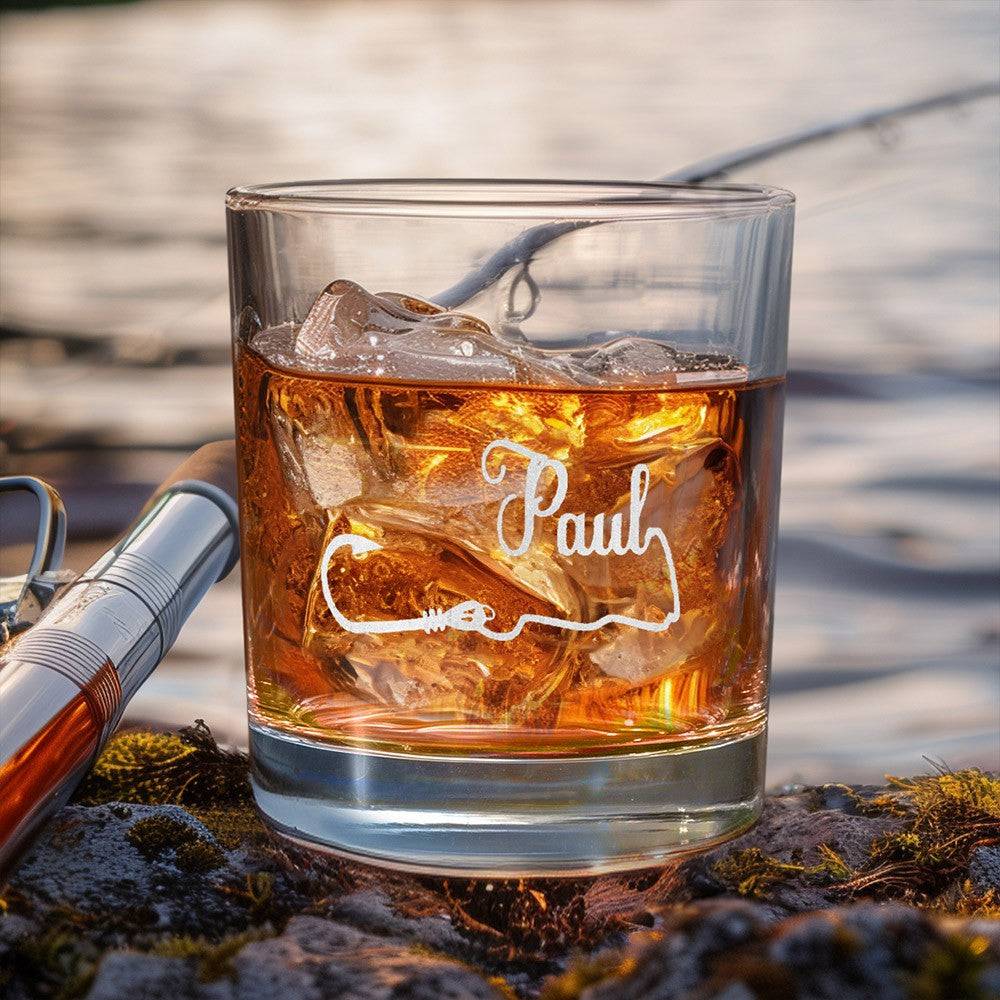 Personalized Name Fishing Hook Glass, Etched Rock Glasse, Bourbon Whiskey Fisherman Glass, Old Fashioned Glass, Father's Day/Birthday Gift for Men