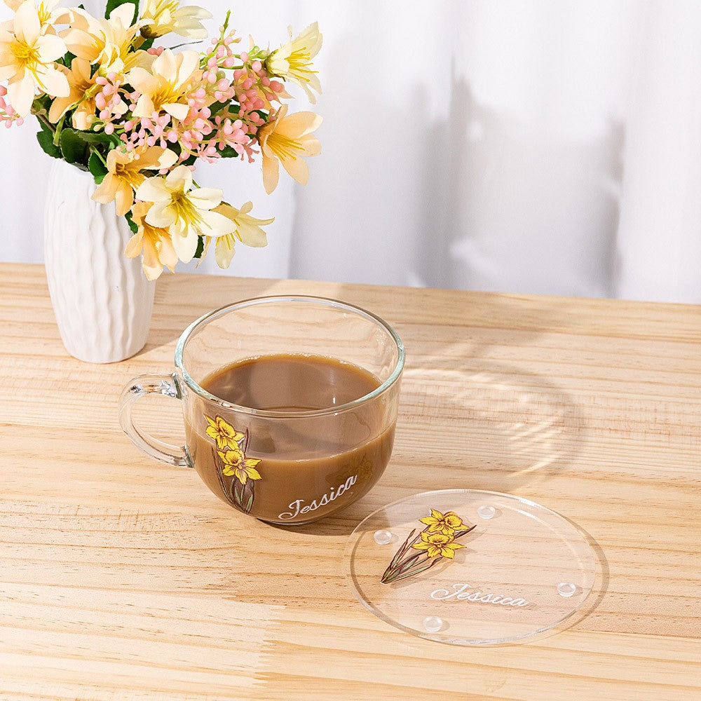 Personalized Hand Painted Birth Flower Coffee Mug, Custom Name Cup for Espresso/Latte, Insulated Glass Mug with Handle, Gift for Bridesmaid/Sister/Her
