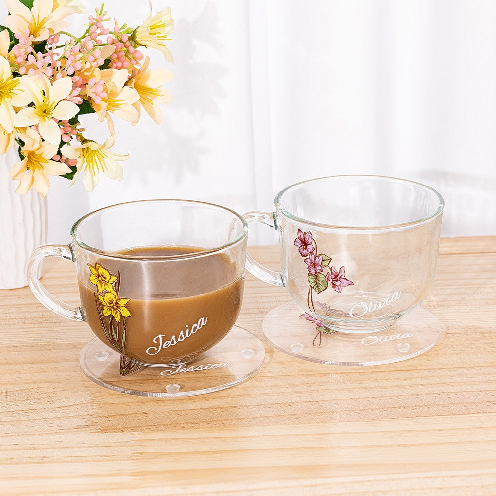 Personalized Hand Painted Birth Flower Coffee Mug, Custom Name Cup for Espresso/Latte, Insulated Glass Mug with Handle, Gift for Bridesmaid/Sister/Her