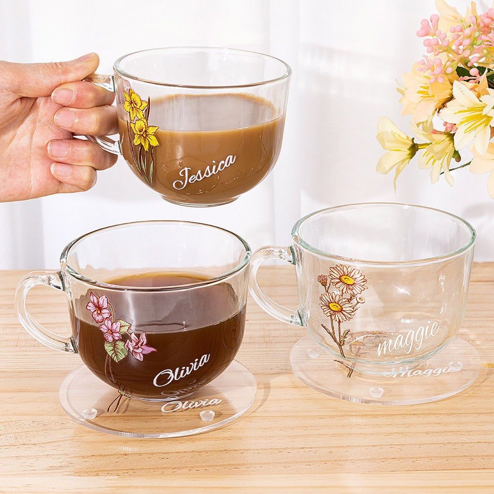 Personalized Hand Painted Birth Flower Coffee Mug, Custom Name Cup for Espresso/Latte, Insulated Glass Mug with Handle, Gift for Bridesmaid/Sister/Her