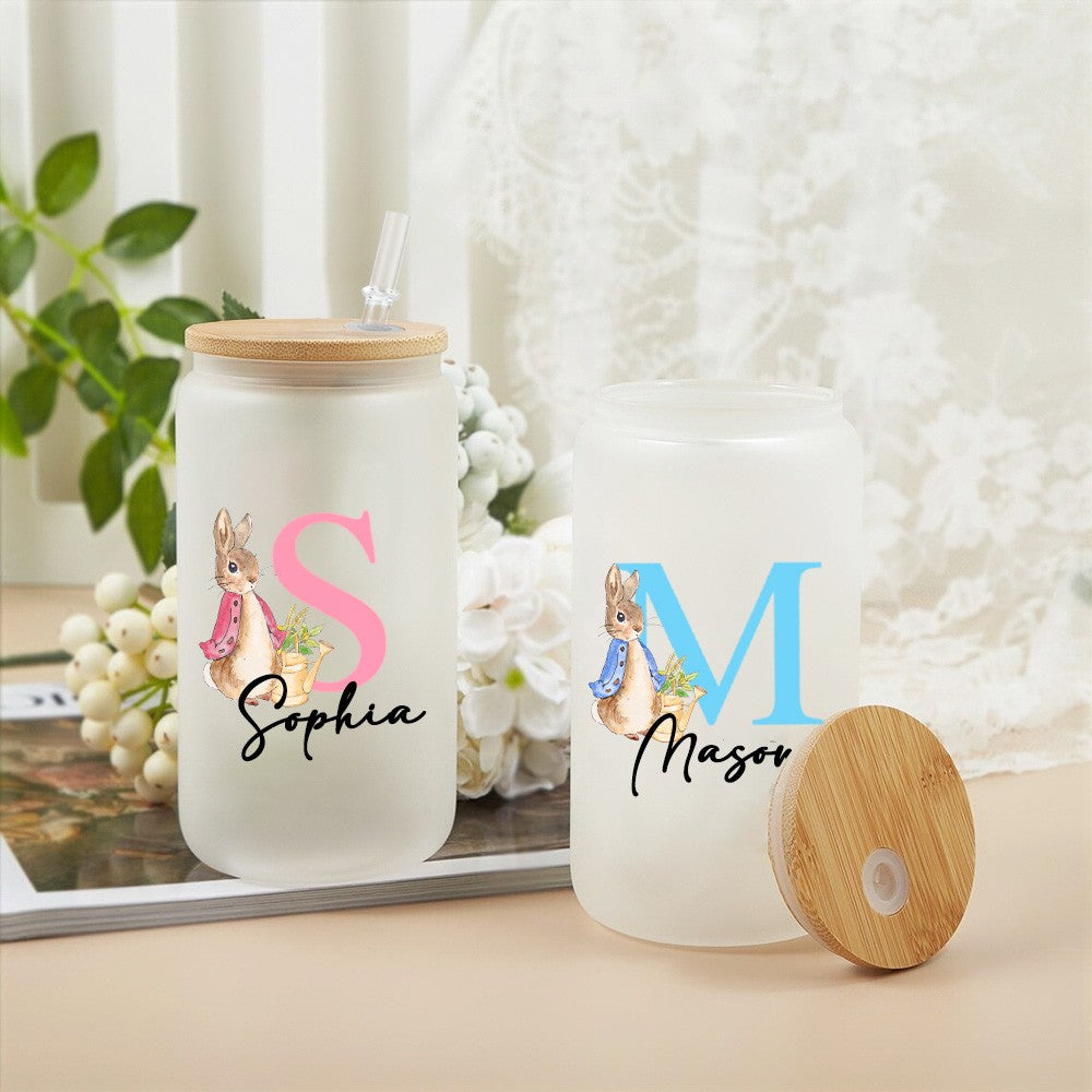 Personalized Name Easter Bunny Glass Cup, Frosted Glass Tumbler with Bamboo Lid and Straw, Iced Coffee Cup, Birthday/Easter Gift for Kids/Family/Her