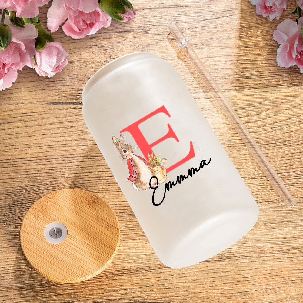 Personalized Name Easter Bunny Glass Cup, Frosted Glass Tumbler with Bamboo Lid and Straw, Iced Coffee Cup, Birthday/Easter Gift for Kids/Family/Her